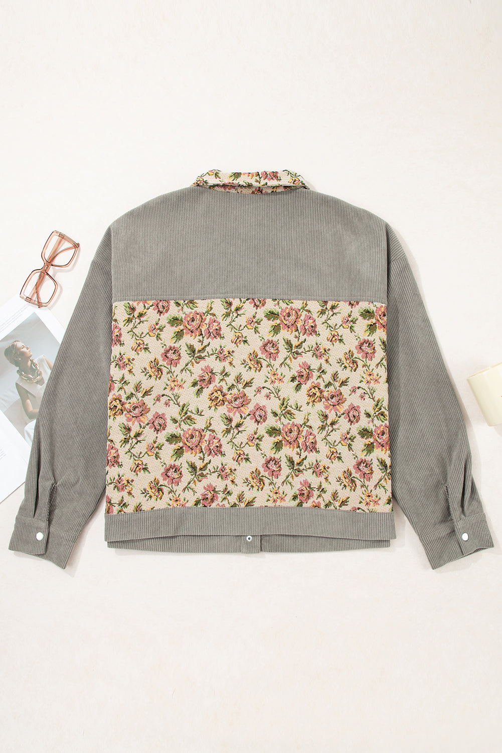 Medium Grey Corduroy Floral Patchwork Vintage Jacket Dear-Lover Dropshipping