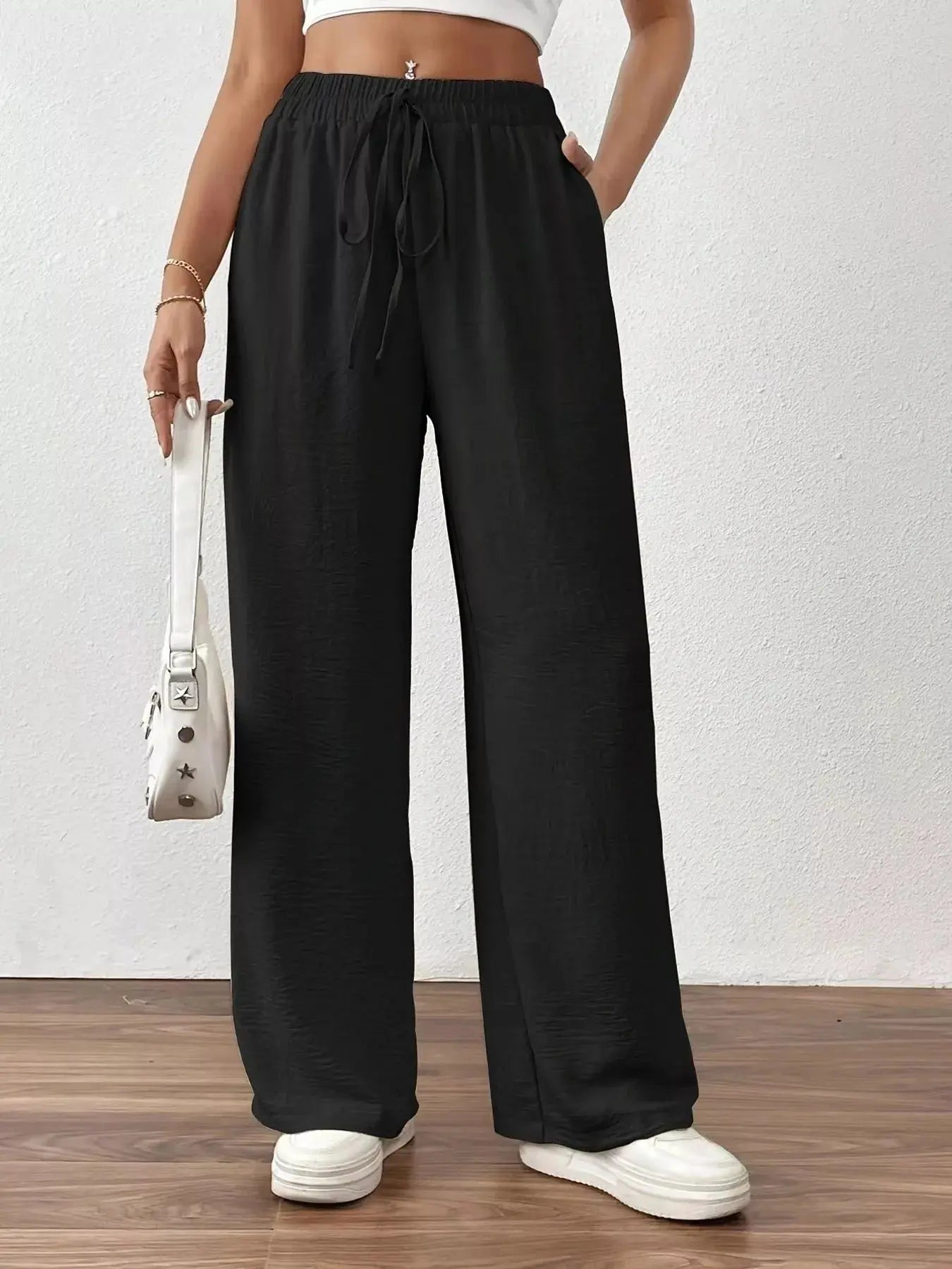 Casual Drawstring Wide Leg Pants Simply Love