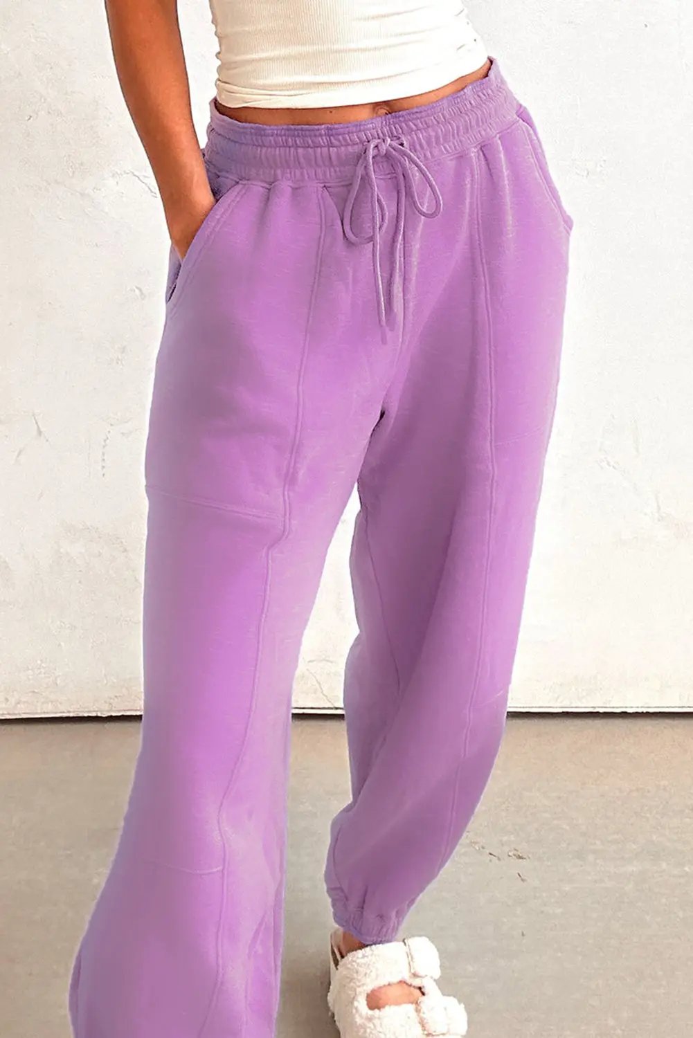 Lilac Drawstring Waist Patchwork Solid Color Jogger Pants Love Salve