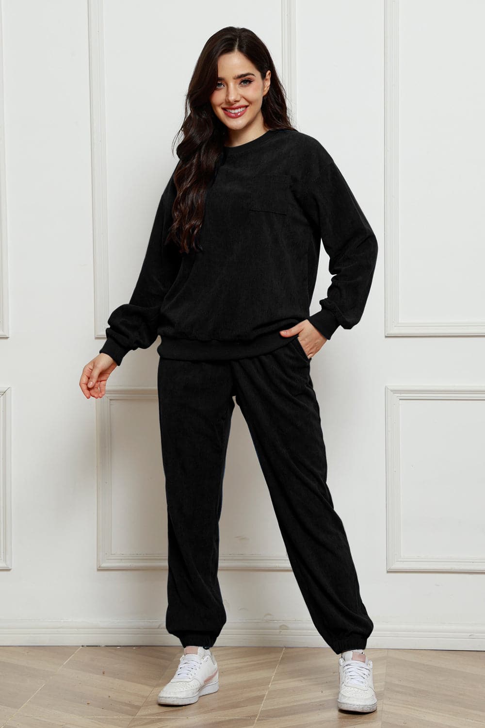 Corduroy Round Neck Sweatshirt and Sweatpants Set.