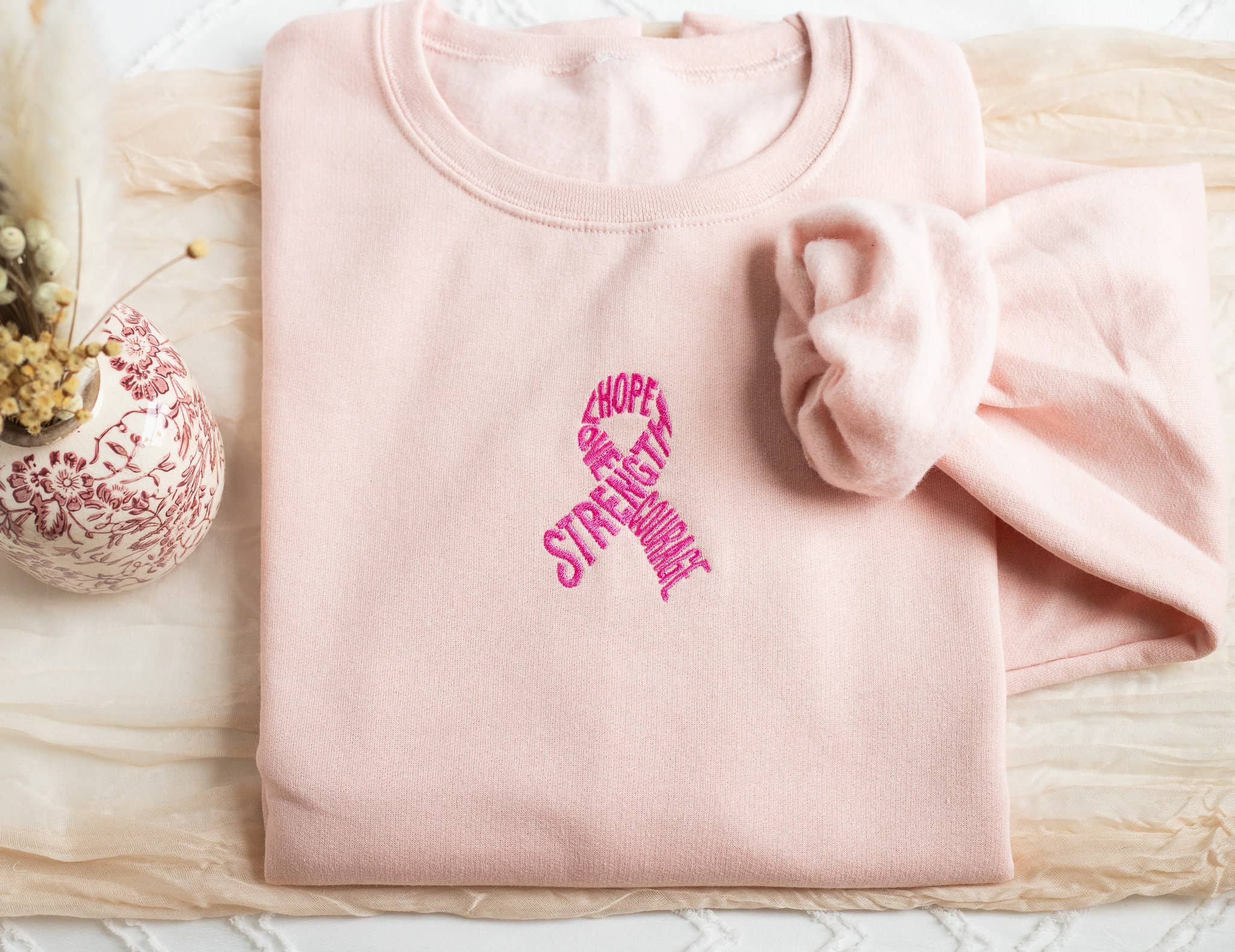 Embroidered Breast Cancer Awareness Motivational Sweatshirt – Blush Pink Coco’s Tee Boutique