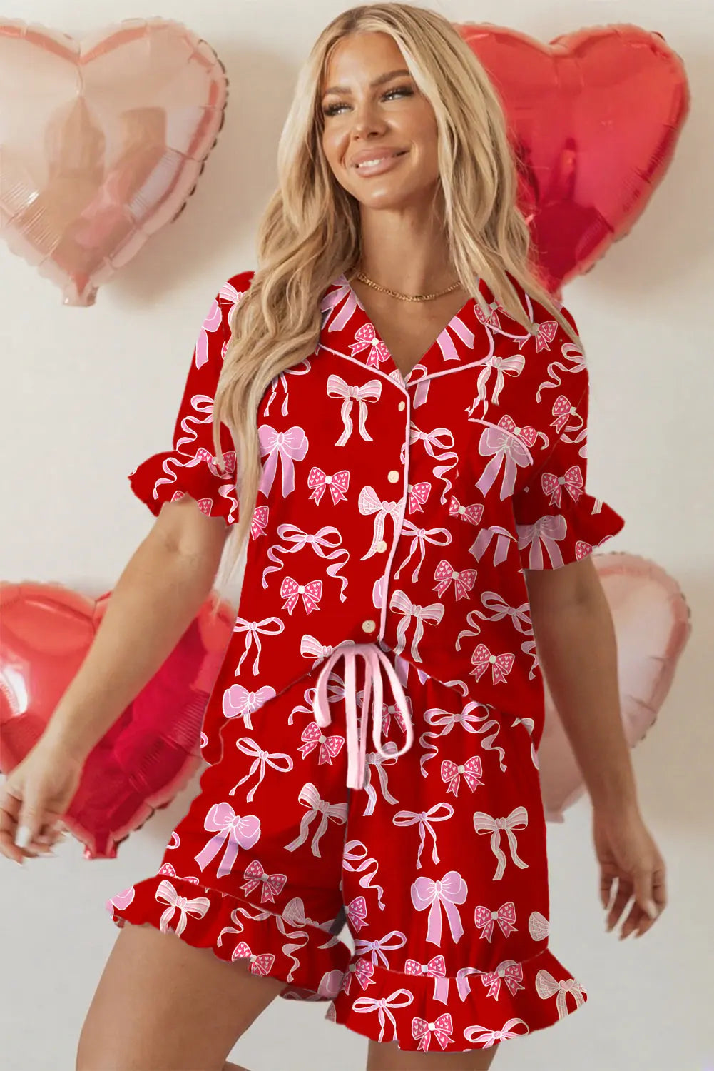 Red Sweet Bow Print Ruffled Short Sleeve Shirt Shorts Two Piece Pajama Set Dear-Lover Dropshipping