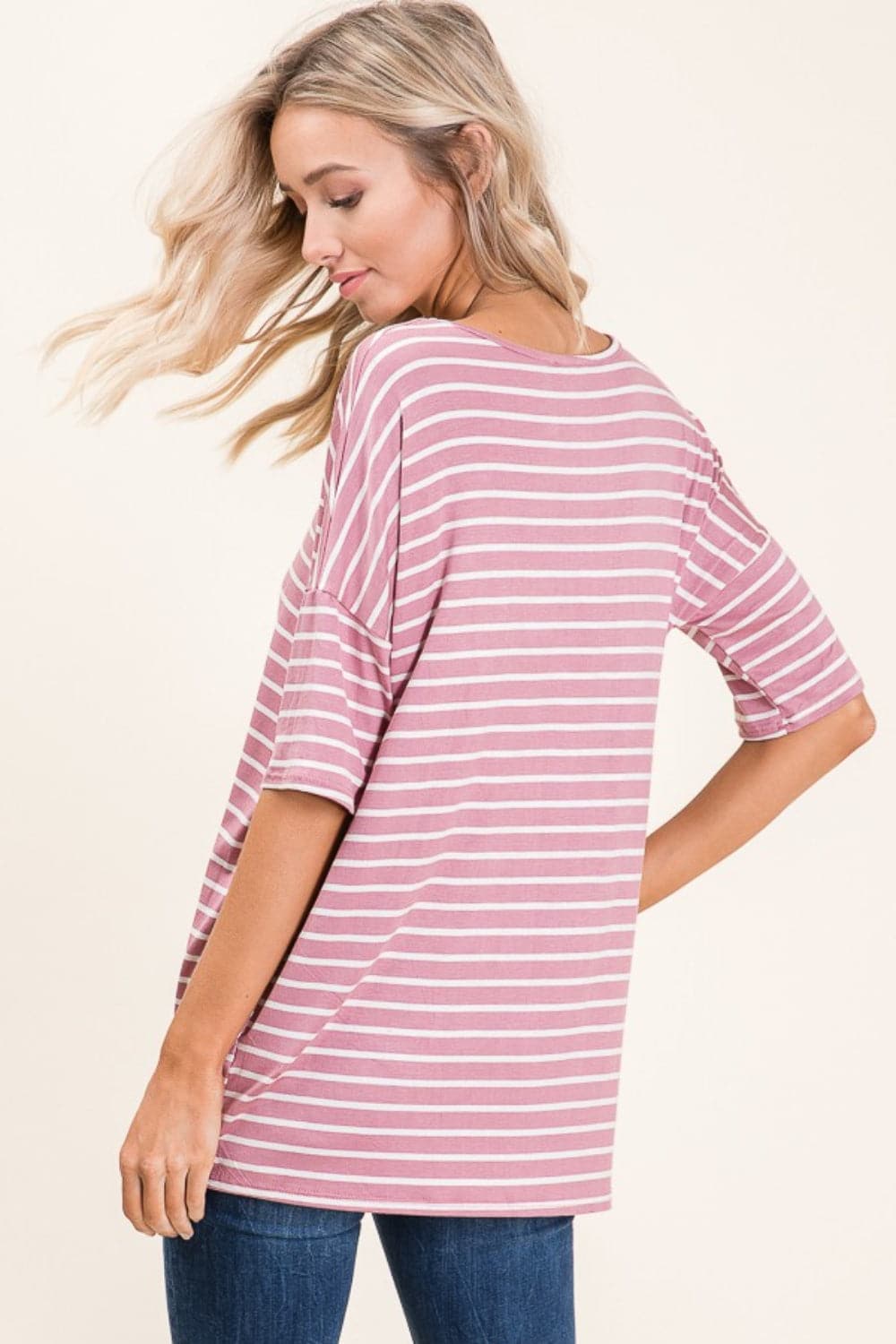 BOMBOM Striped Round Neck Half Sleeve T-Shirt.