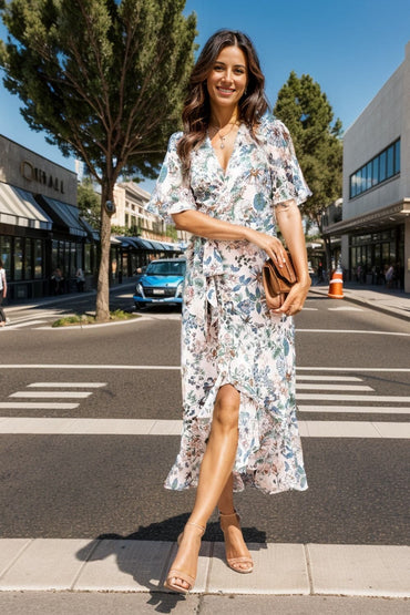 High-Low Printed Surplice Flutter Sleeve Midi Dress.