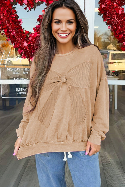 Premium Light French Beige Big Patchwork Bow Pullover Sweatshirt