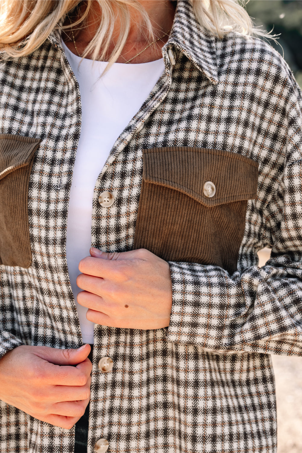 Casual Corduroy Shacket Patchwork Plaid With Flap Pockets Dear-Lover Dropshipping