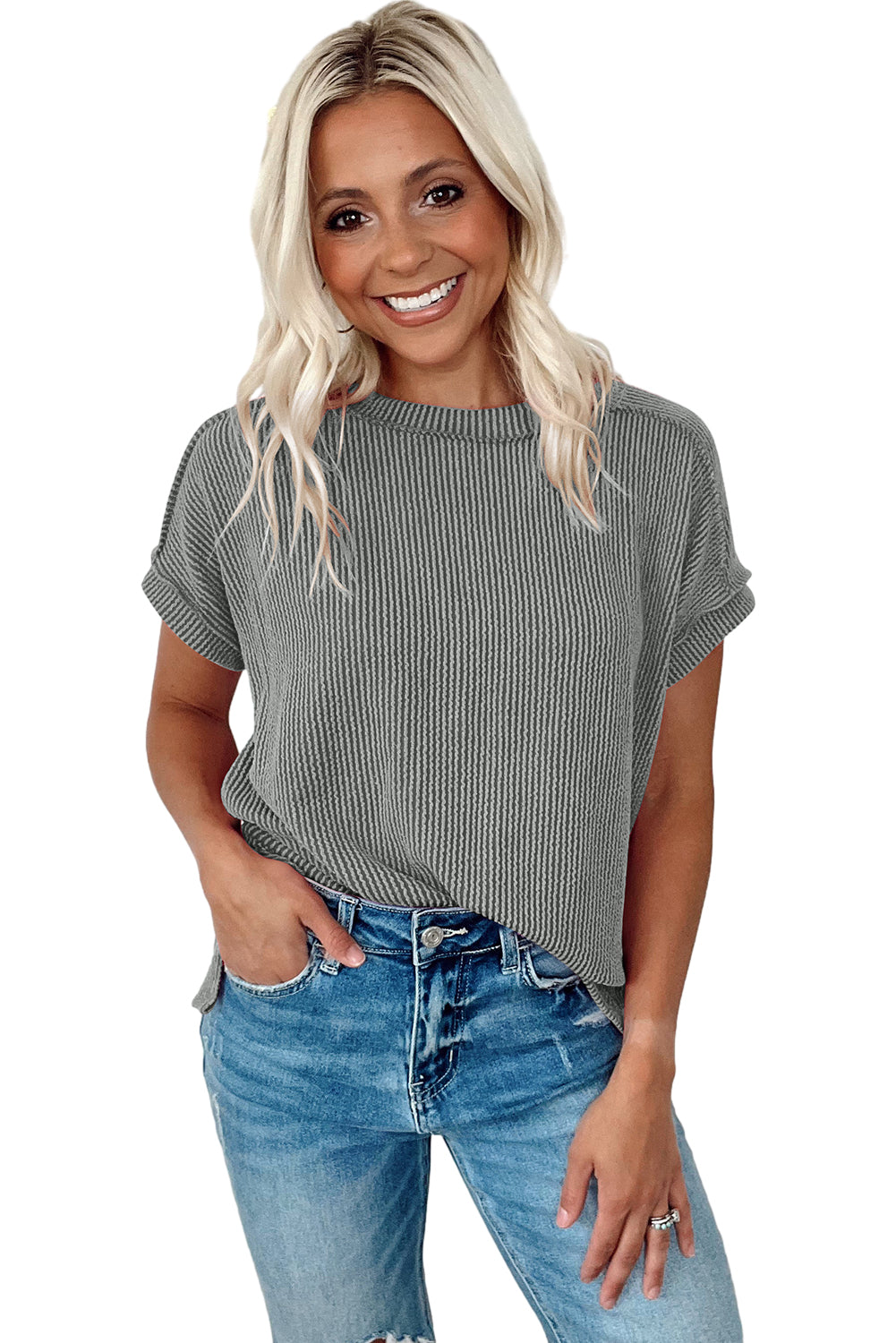 Chic medium grey textured knit t-shirt with exposed stitching