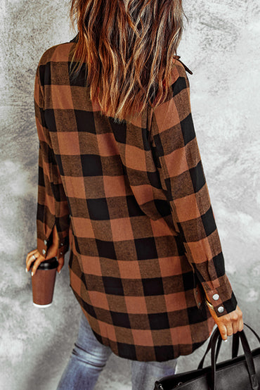 Chic brown plaid shirt coat with turn-down collar