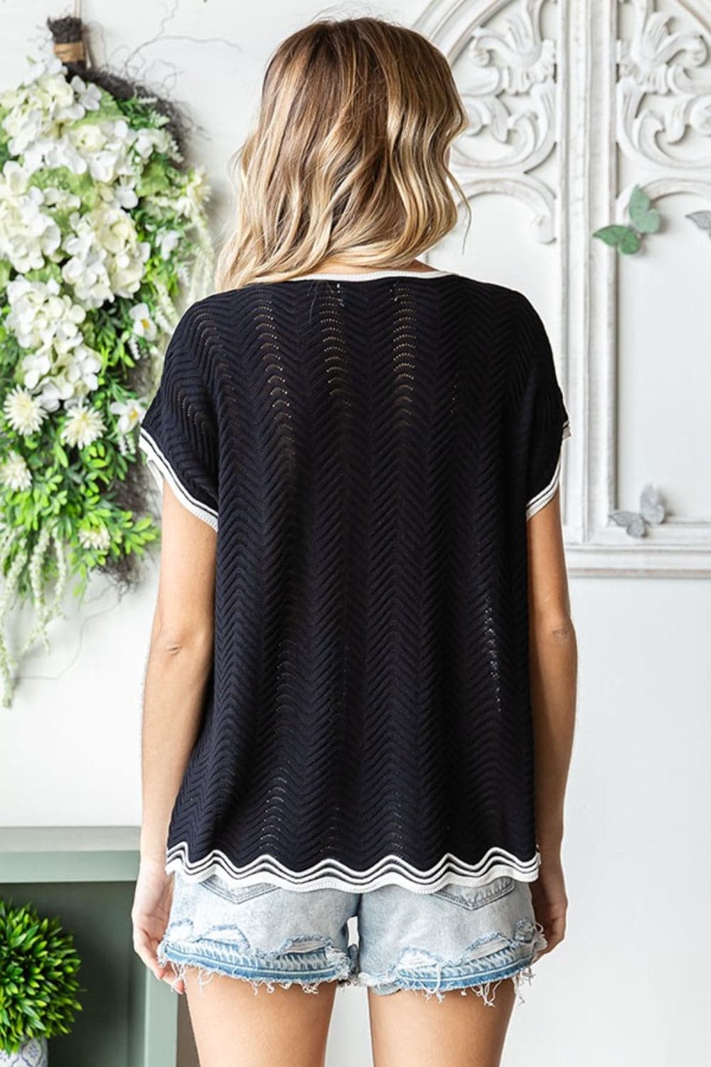 First Love Full Size Contrast Wavy Crochet Drop Shoulder Knit Top.