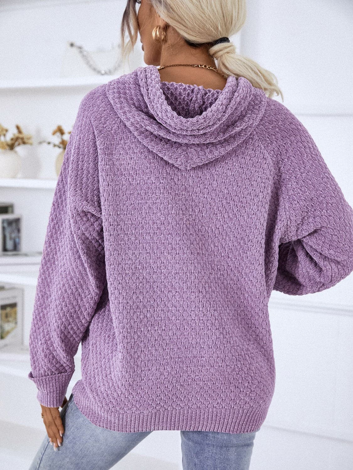 Texture Drawstring Long Sleeve Hooded Sweater.