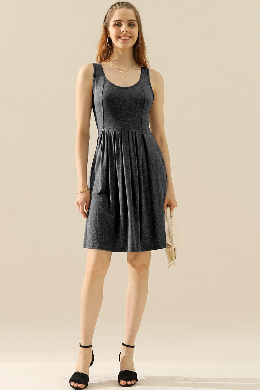 Doublju Full Size Round Neck Ruched Sleeveless Dress with Pockets.