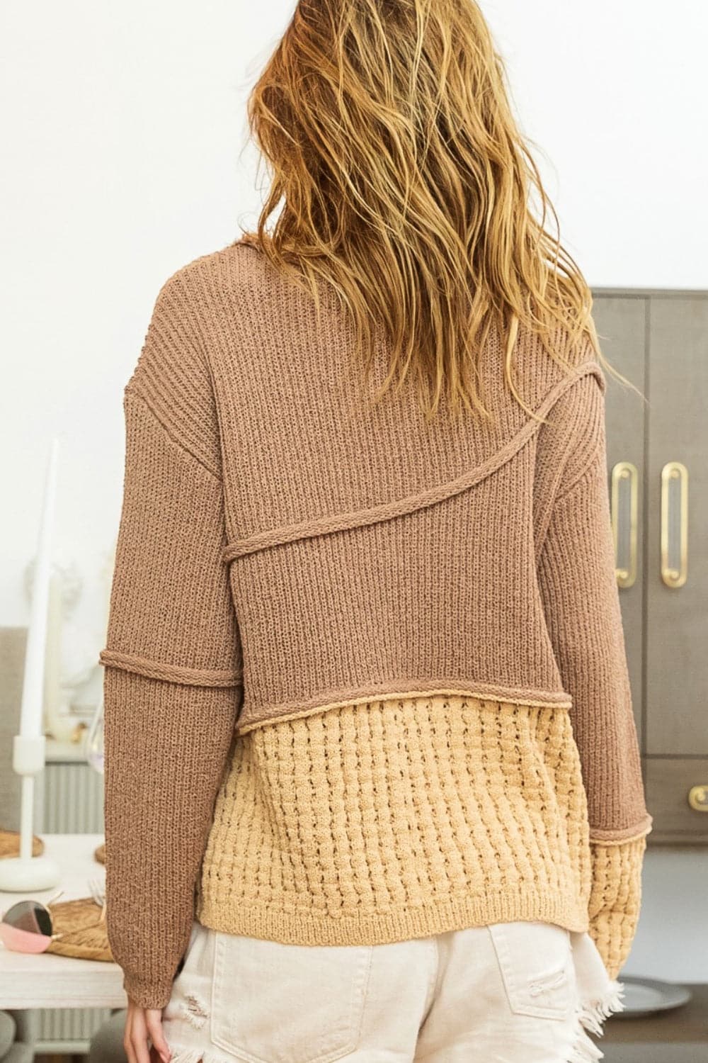 BiBi Texture Detail Contrast Drop Shoulder Sweater.