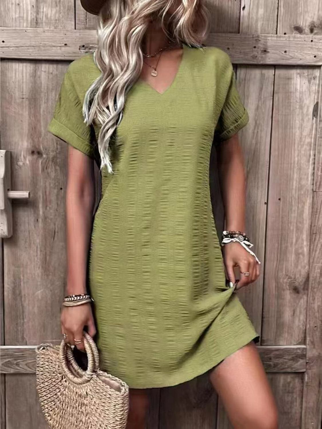 Full Size V-Neck Short Sleeve Mini Dress.