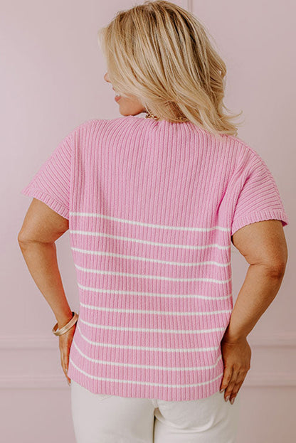 Chic pink striped ribbed plus-size tee for ultimate comfort