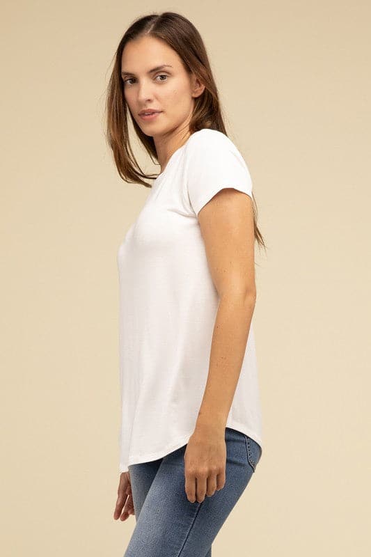 Flowy Round Hem Rayon Short Sleeve Top.