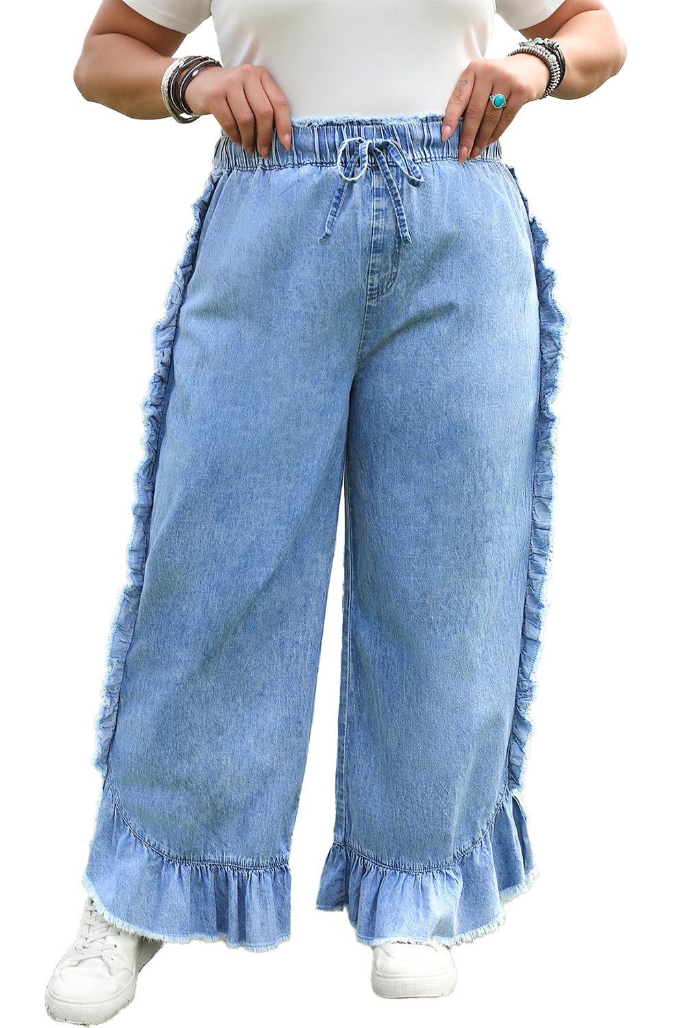 Plus Size Ruffled Ankle Jeans with Lace-Up Waist in Blue