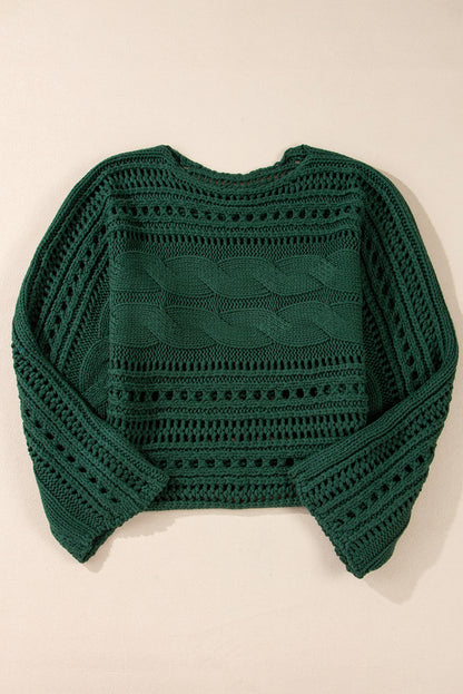 Chic blackish green cropped cable knit sweater with hollow-out design