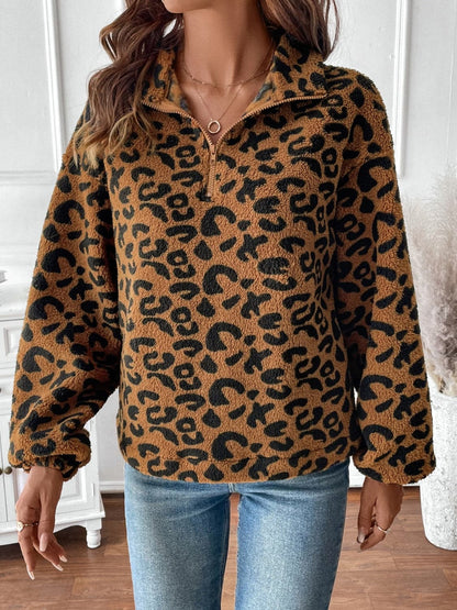 Leopard print zip-up long sleeve sweatshirt