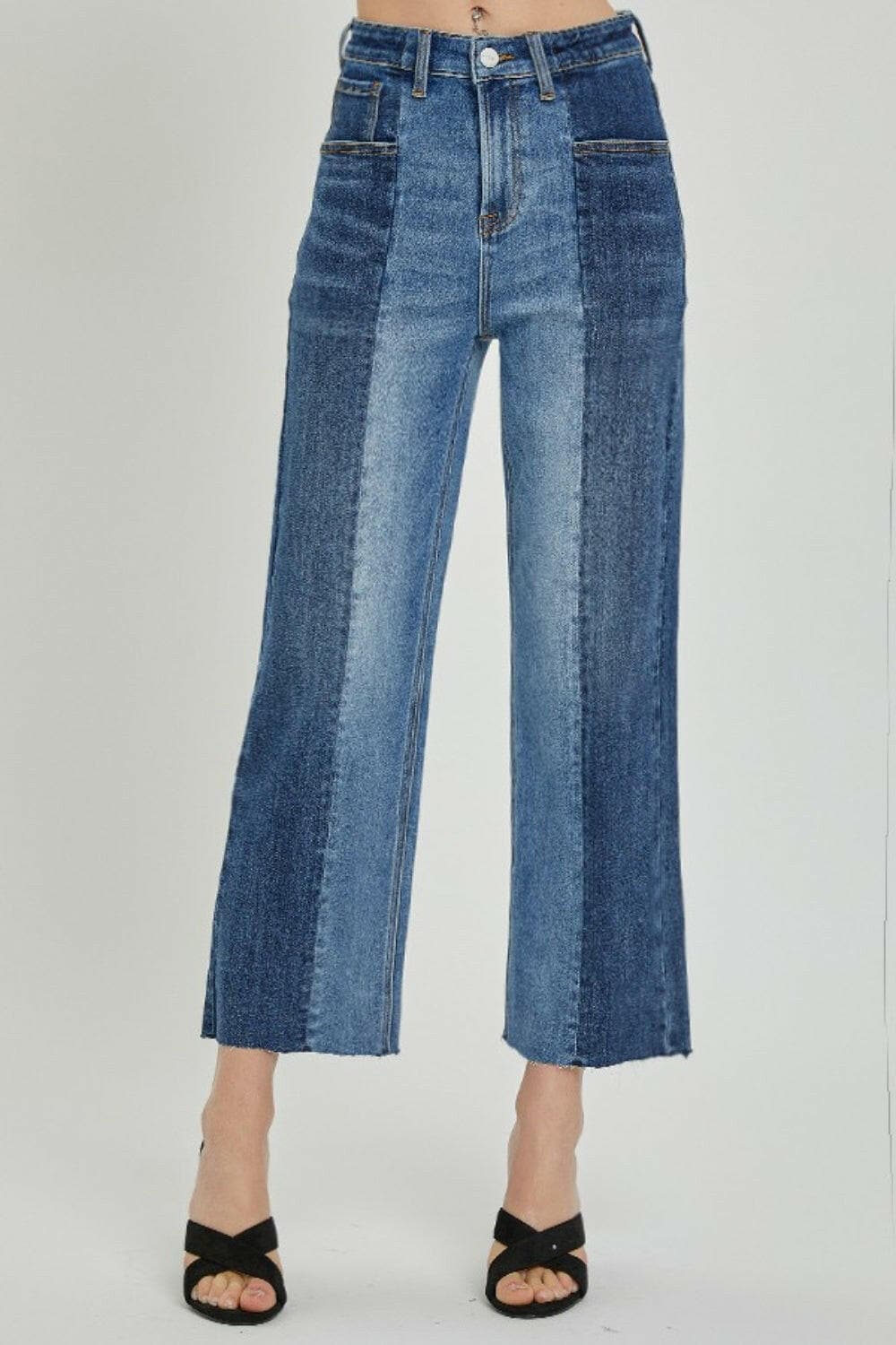 RISEN Full Size Mid-Rise Waist Two-Tones Jeans with Pockets.