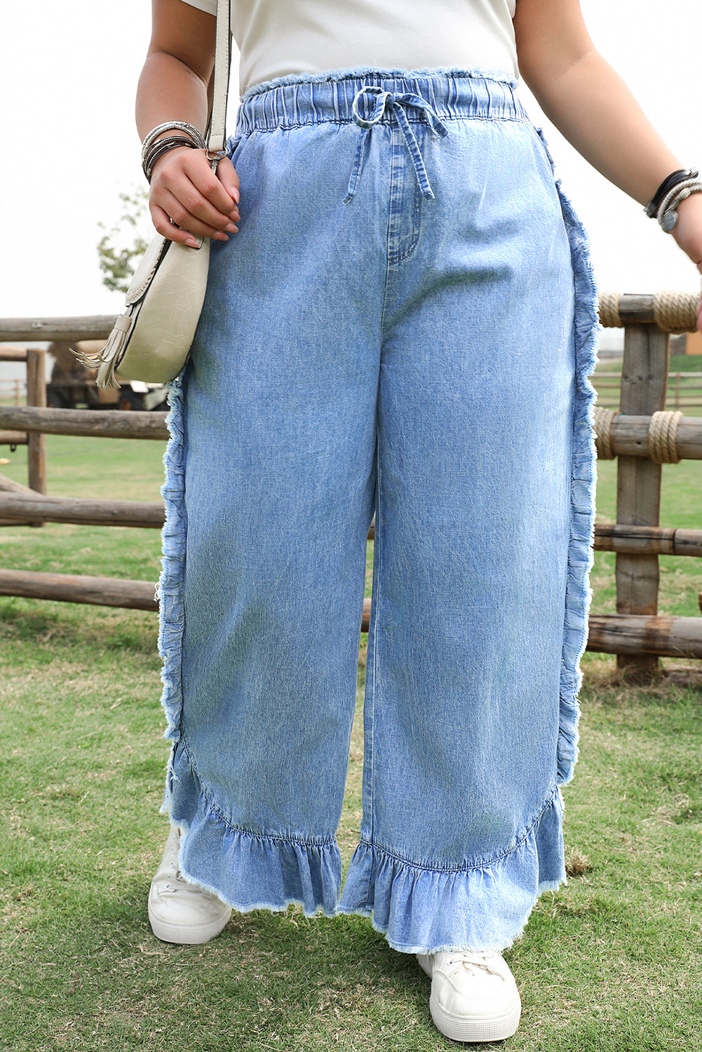 Plus Size Ruffled Ankle Jeans with Lace-Up Waist in Blue