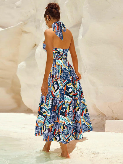 Ruched Printed Halter Neck Sleeveless Dress.