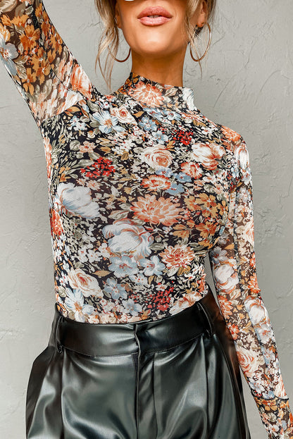 Elegant brown floral mesh blouse with high neck and long sleeves