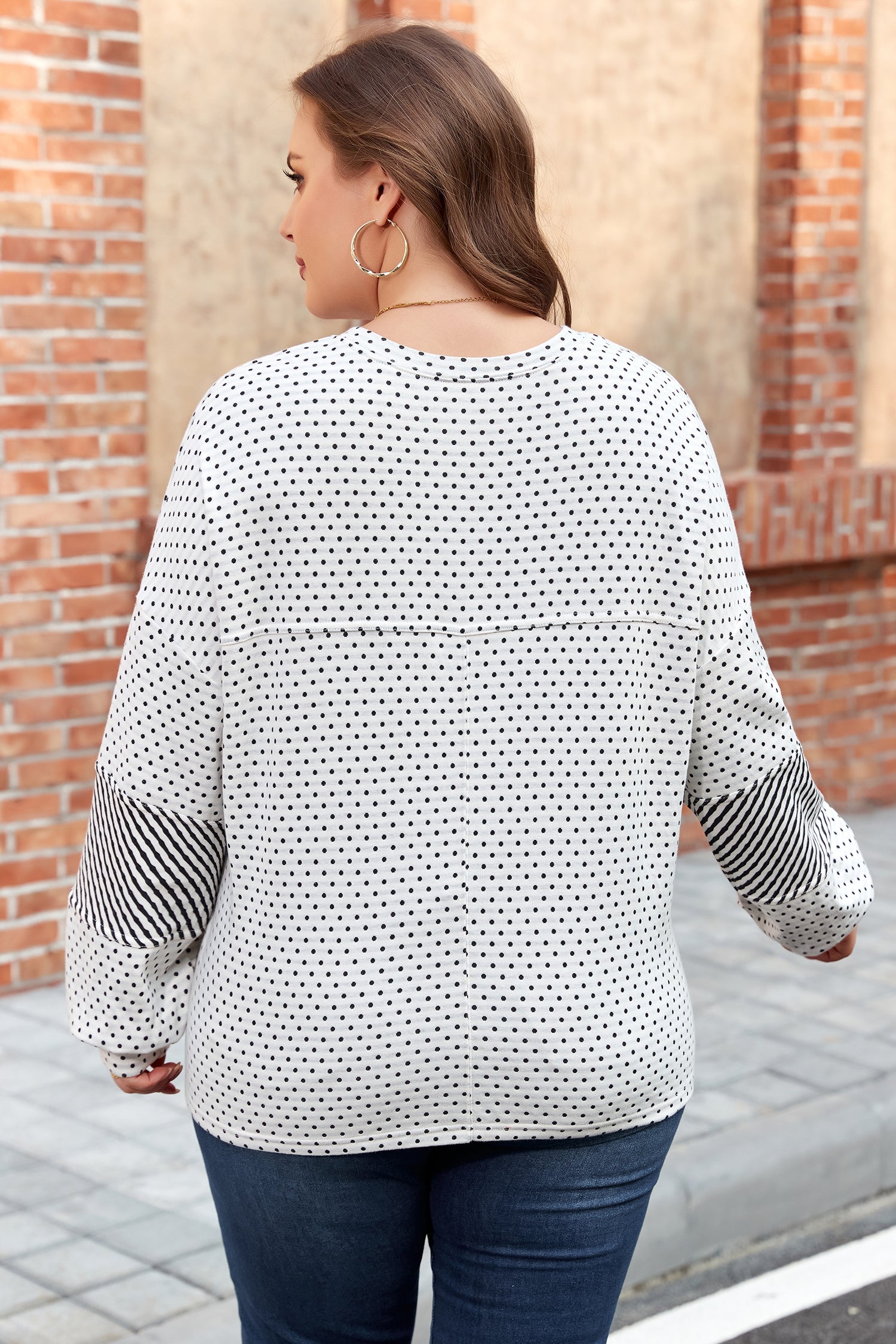 Beige Plus Size Dot Print Striped Patchwork Long Sleeve Henley Top Dear-Lover Dropshipping
