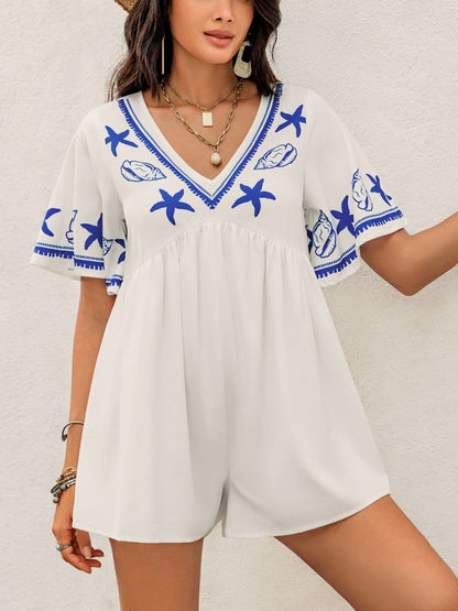 Printed V-Neck Half Sleeve Romper.