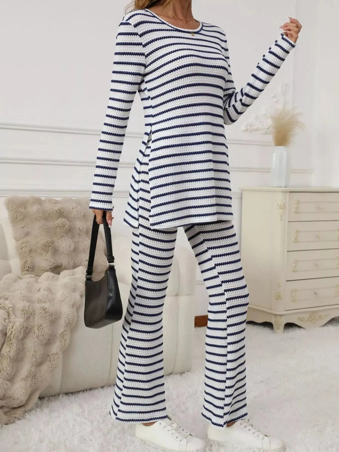 Slit Striped Long Sleeve Top and Pants Set Simply Love