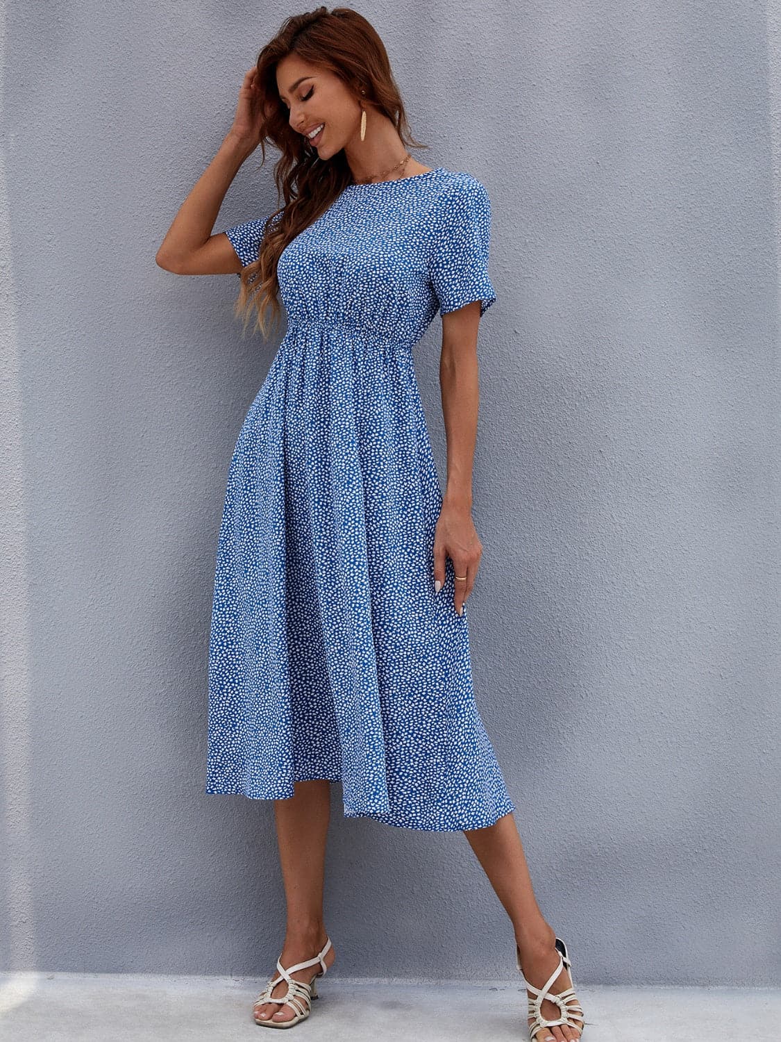 Printed Round Neck Short Sleeve Midi Dress.