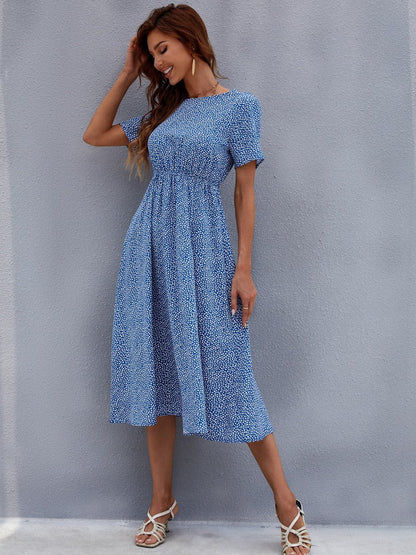 Printed Round Neck Short Sleeve Midi Dress.