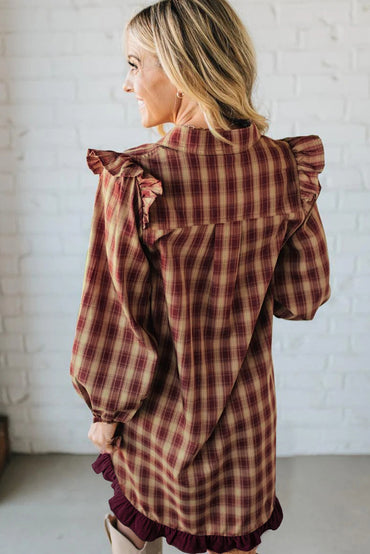 Red Plaid Ruffled Long Sleeve Patchwork Shirt Dress
