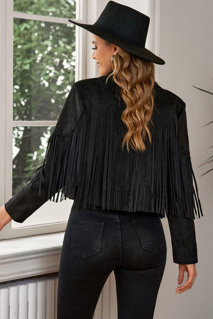 Fringe Trim Lapel Collar Cropped Blazer.