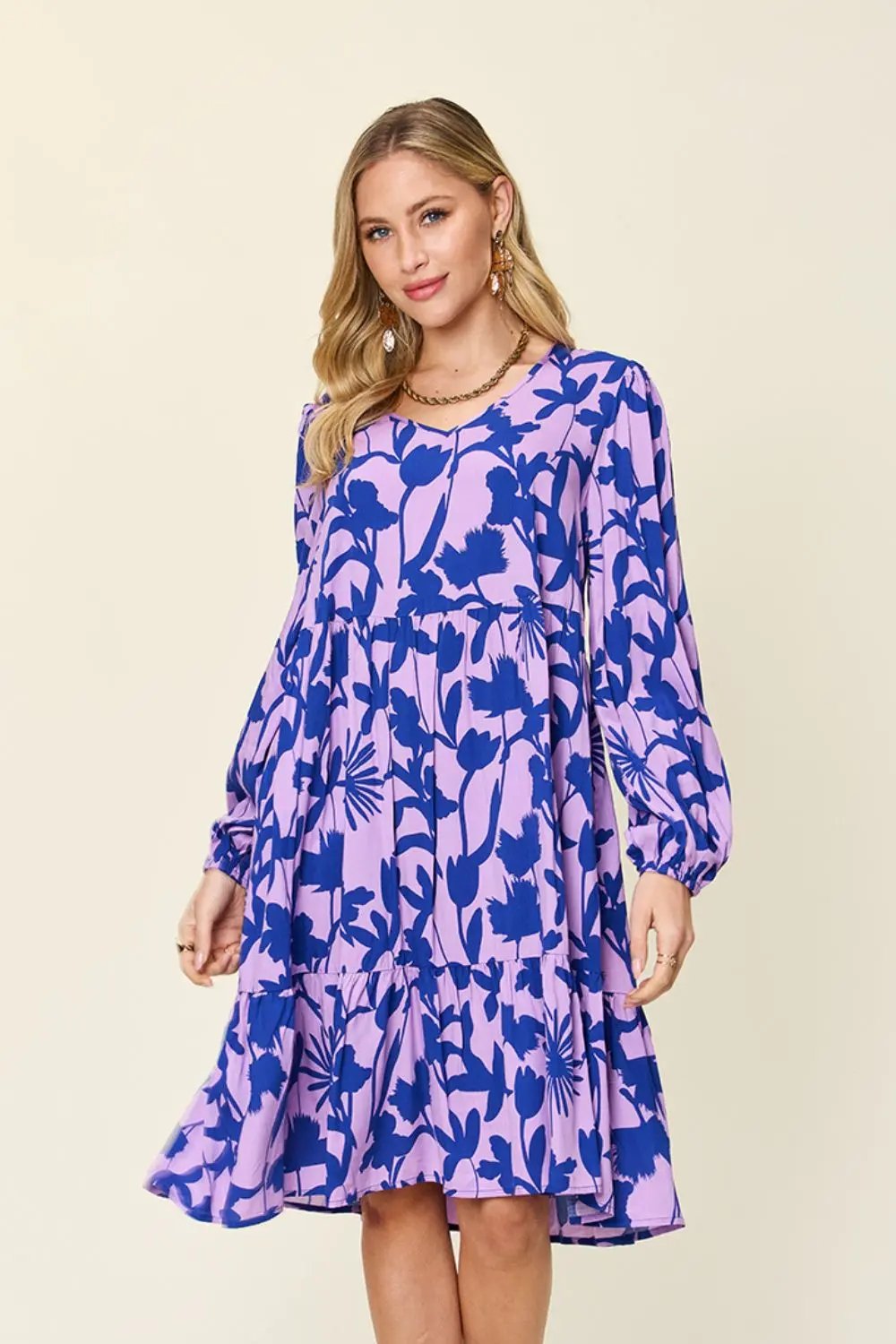 Double Take Full Size Printed Ruffle Hem Long Sleeve Dress - Love Salve