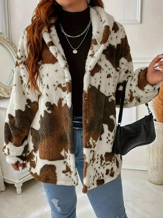Cow Print Plush Hooded Outerwear Simply Love