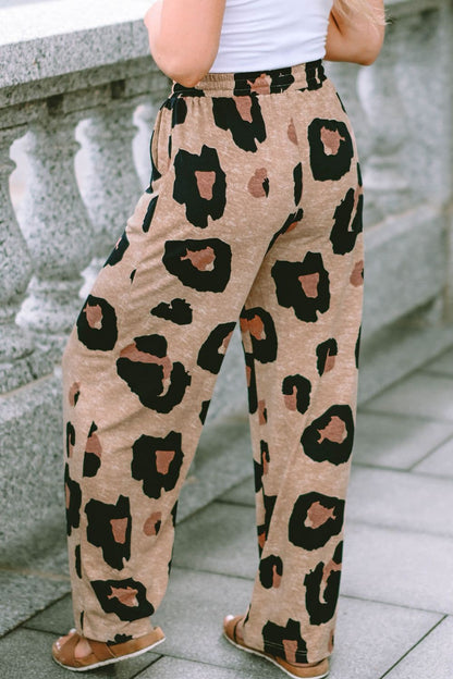 Leopard Drawstring Wide Leg Pants with Pockets.