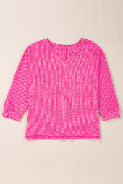 Rose Red Waffle Knit Side Slits Loose Fit V Neck Top