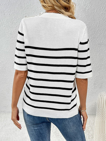 Striped Round Neck Half Sleeve Knit Top.