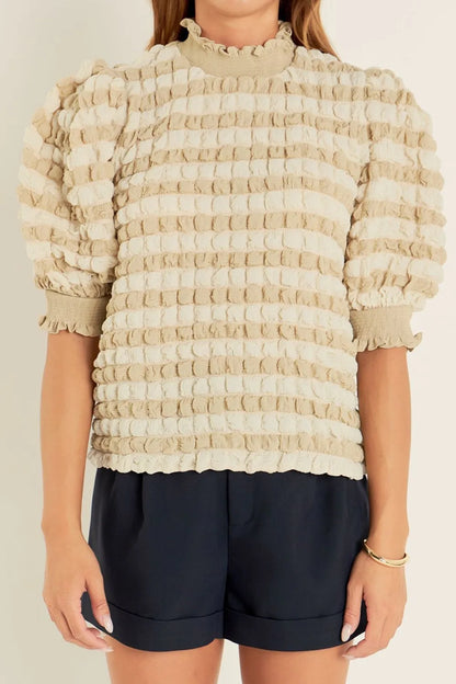Textured Mock Neck Short Sleeve Blouse