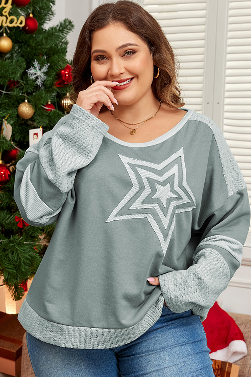 Mist green starry patchwork plus size t-shirt with round neckline