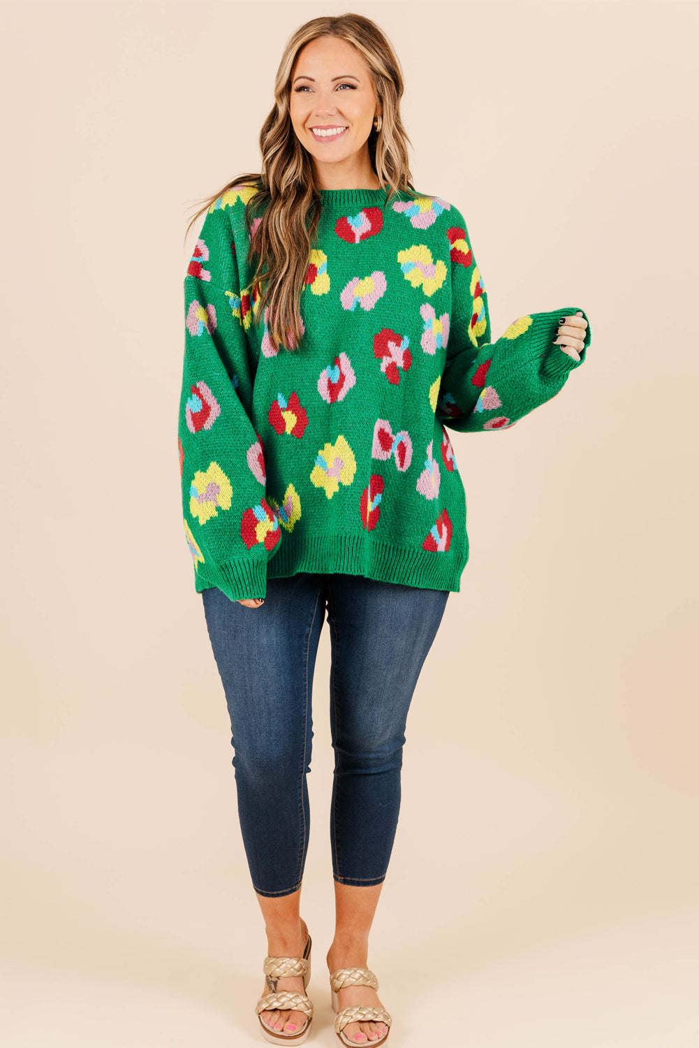 Elegant green plus size floral knitted drop shoulder sweater