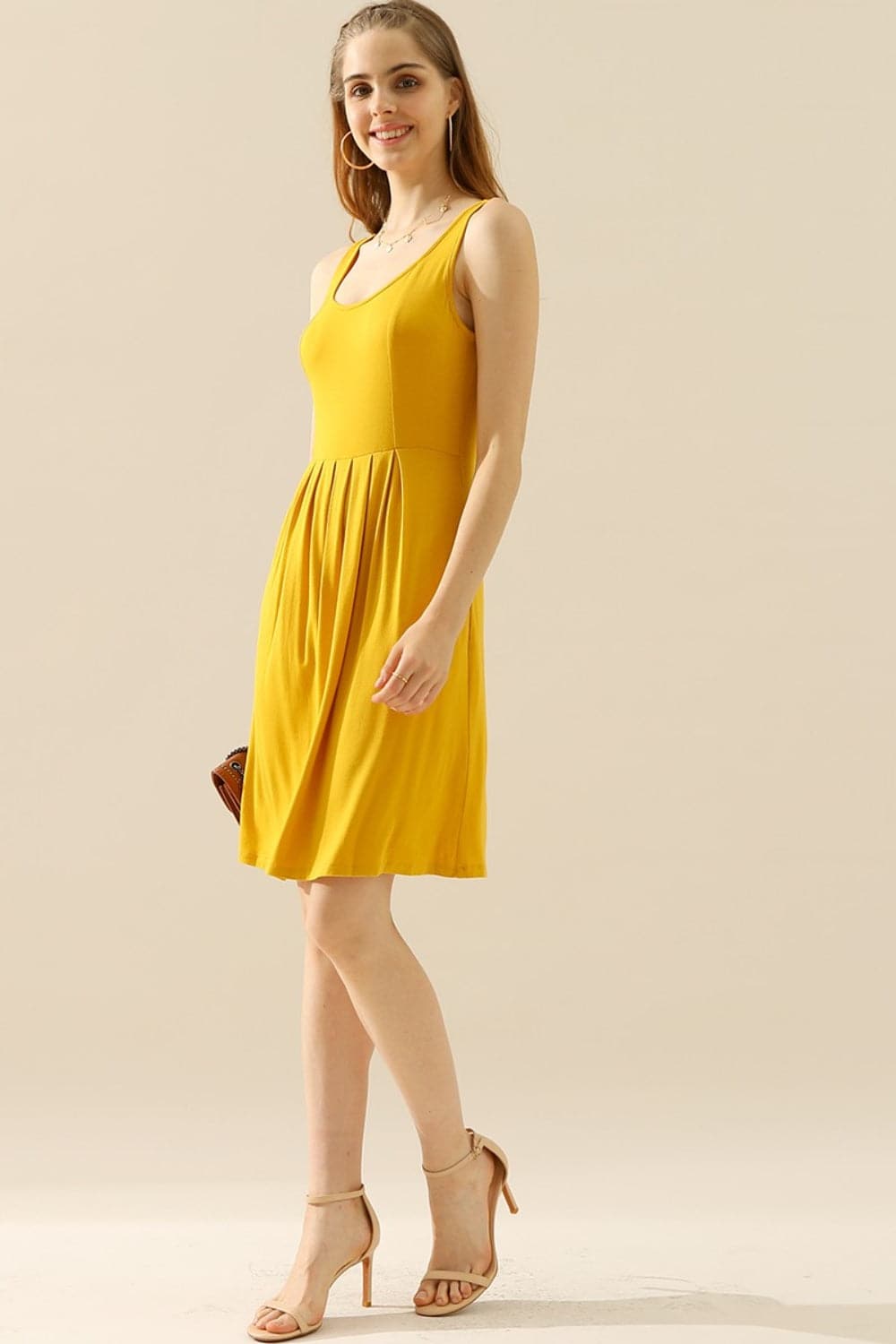 Doublju Full Size Round Neck Ruched Sleeveless Dress with Pockets.