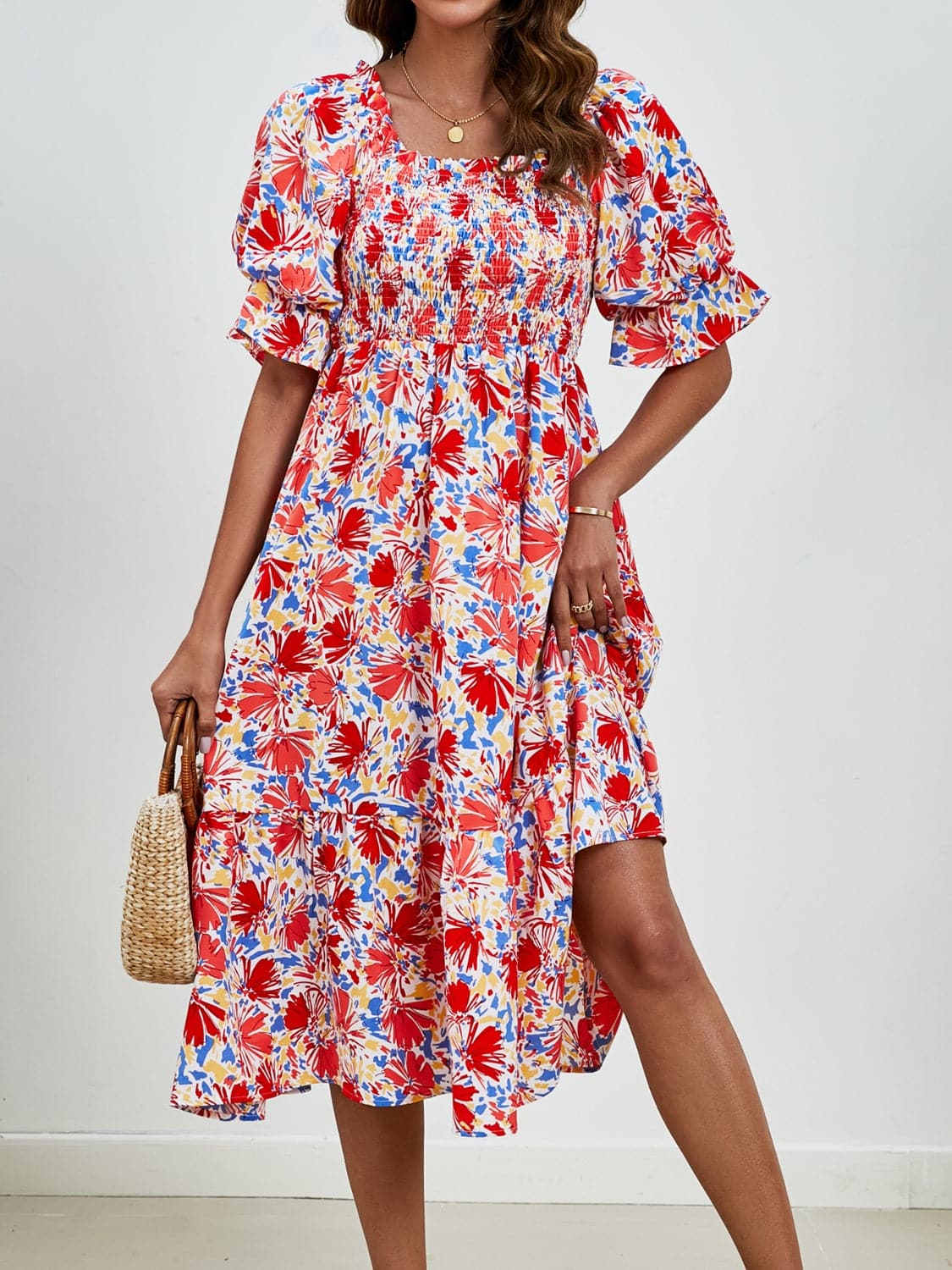 Smocked Floral Square Neck Short Sleeve Dress.