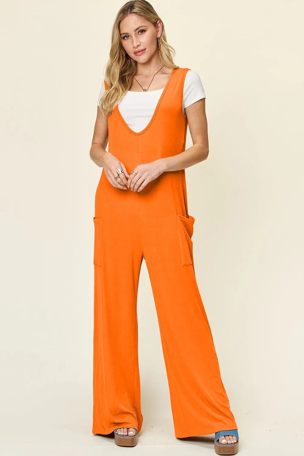 Double Take Full Size Sleeveless Wide Leg Jumpsuit with Pockets - Love Salve