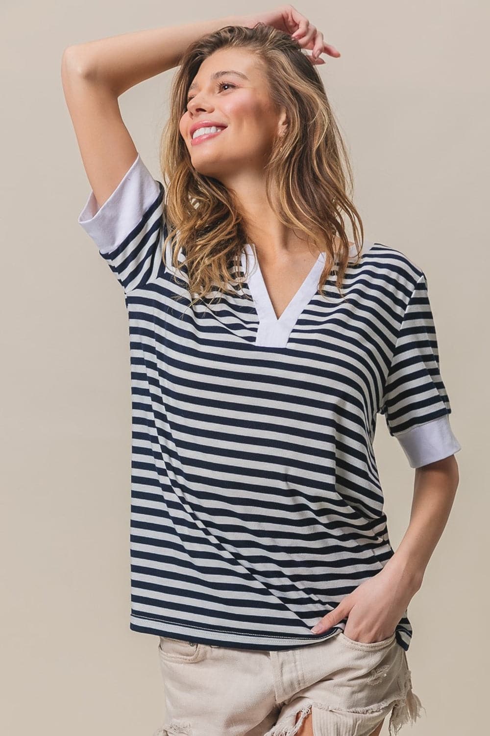 BiBi Contrast Striped Notched Knit Top.