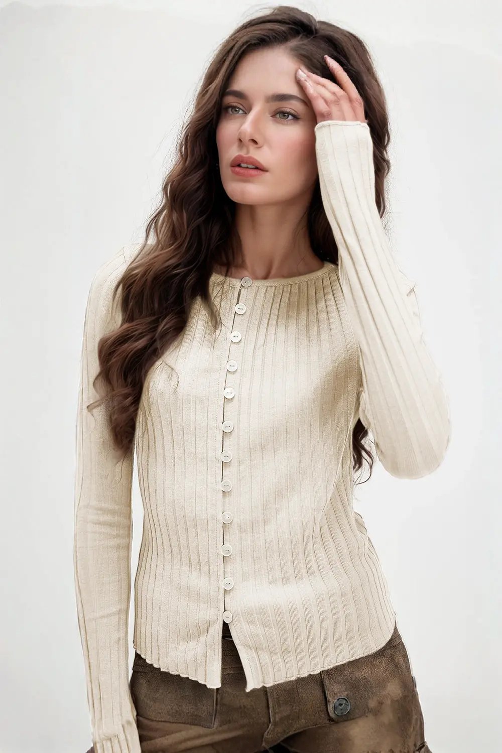 Basic Bae Texture Button Up Round Neck Long Sleeve Top - Love Salve