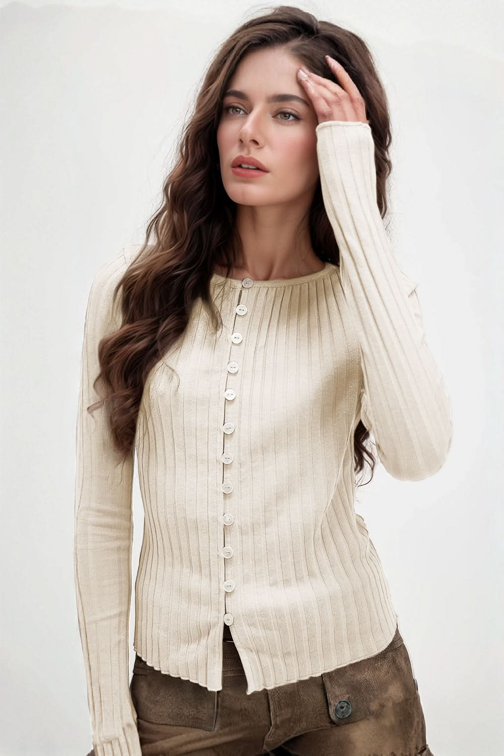 Essential Textured Button-Up Long Sleeve Top with Round Neck