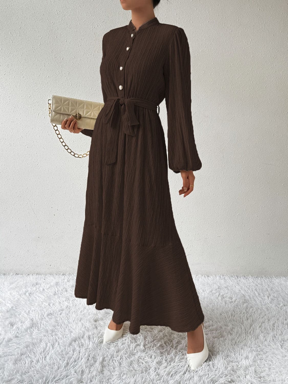 Tie Waist Long Sleeve Dress.