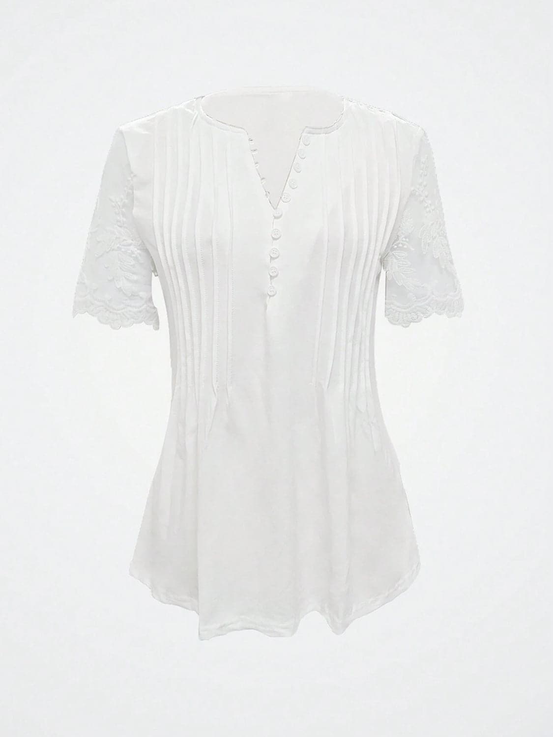 Notched Lace Short Sleeve Top.