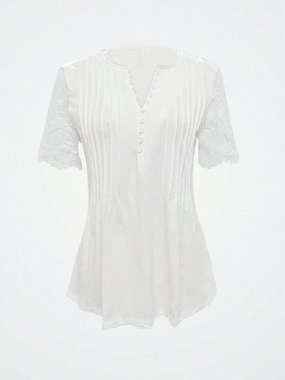 Notched Lace Short Sleeve Top.